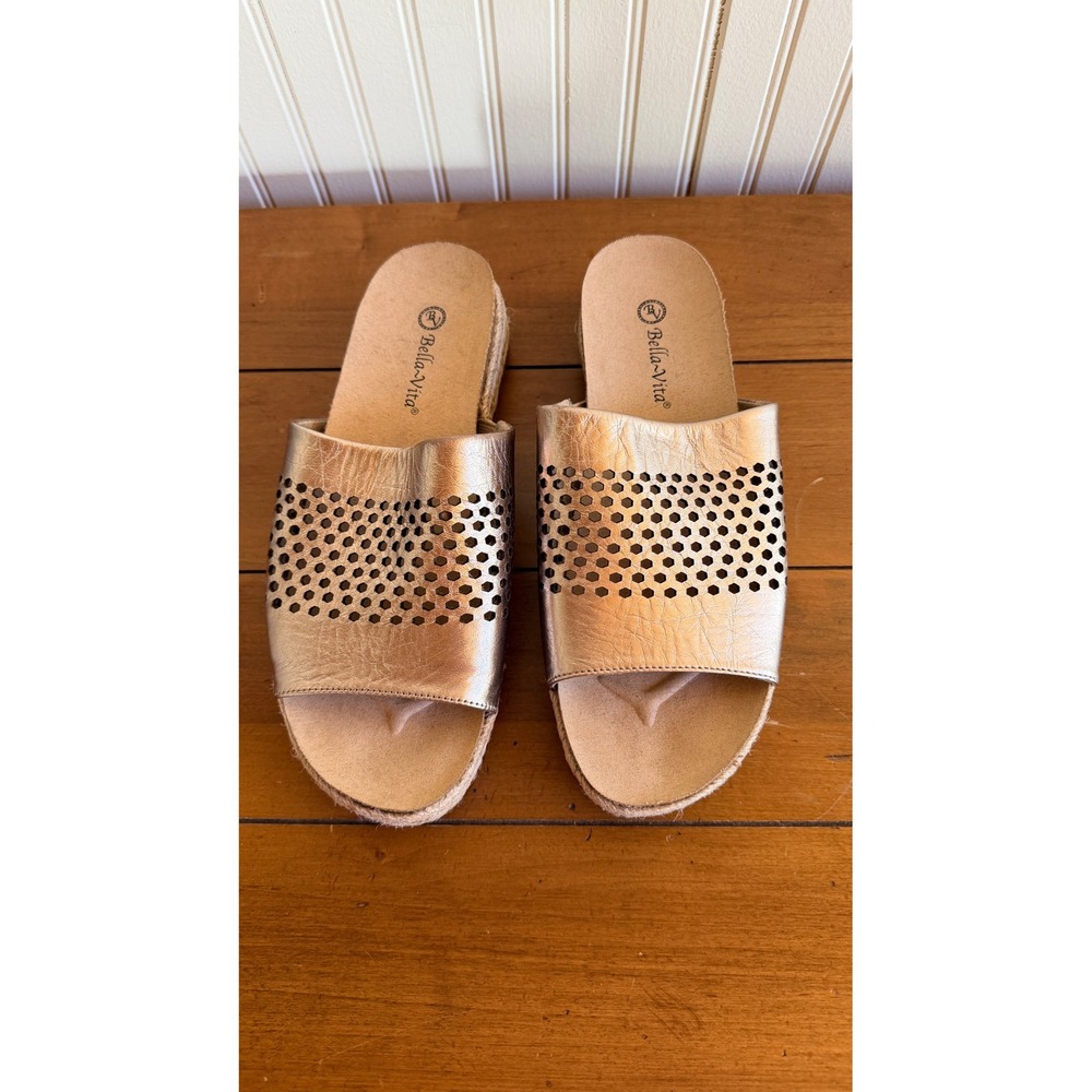 Bella Vita Gold Metallic Leather Espadrille Slide Sandals 11W Wide
